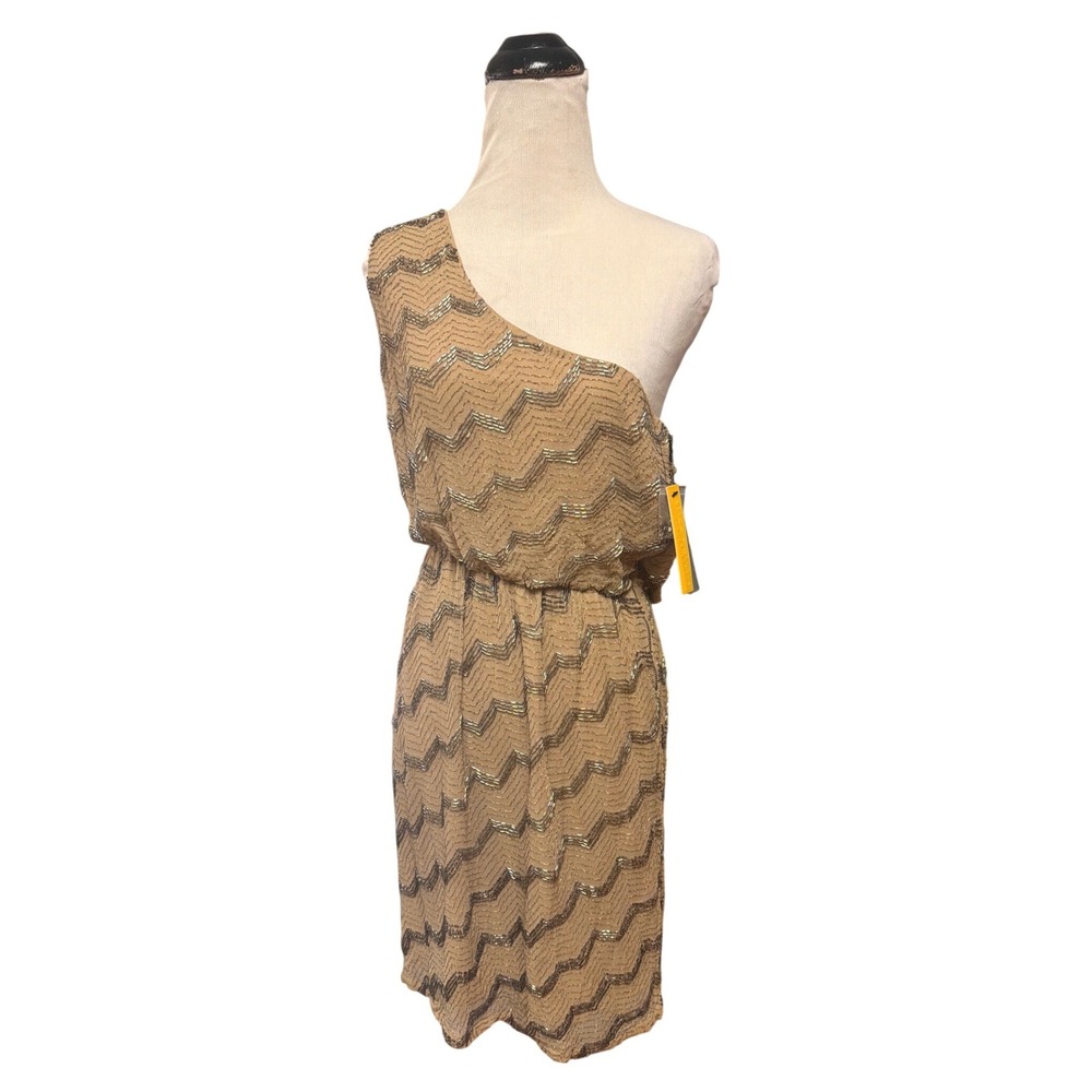 Alice + Olivia Silk Beaded Chevron One Shoulder Dress Tan Gold Medium NWT $597